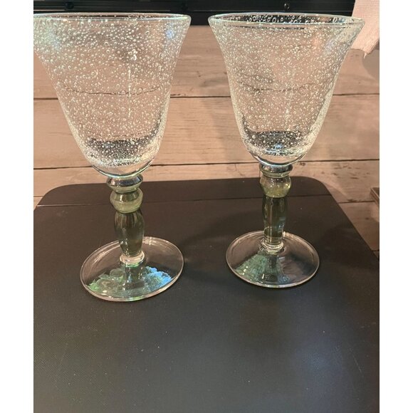 2 Pottery Barn Controlled Bubble Goblets With Clear Glass & Green Stem - Picture 1 of 4